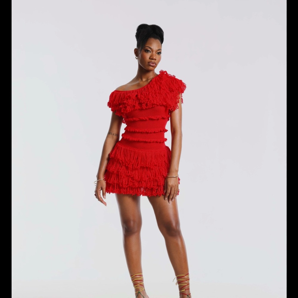 Hanifa Red One Shoulder Ruffled Cocktail Dress